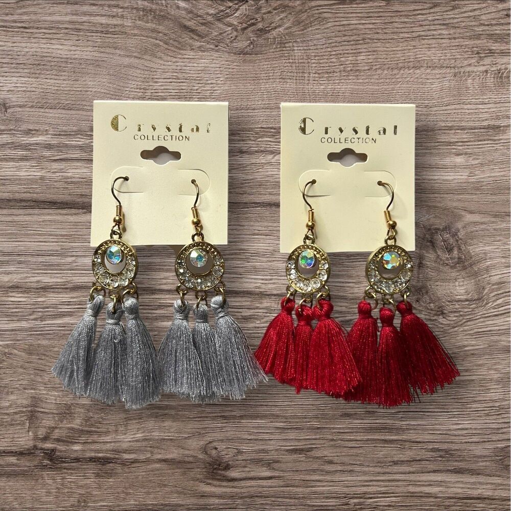 Set of 2 Crystal Collection Dangle Rhinestone Tassel Drop Earrings‎ Women